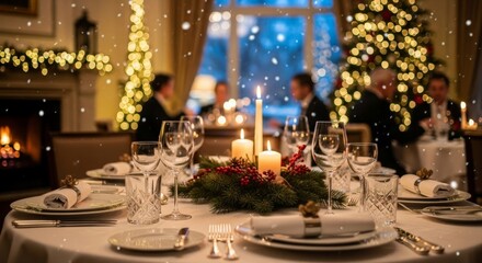 A table with a Christmas tree in the background and candles on it. There are people sitting at the table and enjoying the meal