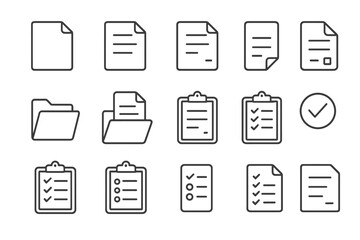 Collection of various clipboards and documents thin line icons, editable stroke vector set for web, apps, cards, books, office, checklist, files, transparent background
