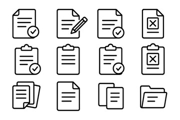 Set of Various Document and Clipboard Line Icons for Web, Books, Cards, Apps, Editable Stroke Vector, Office and Business UI Elements, Paper Files and Folder Symbols for Digital Use