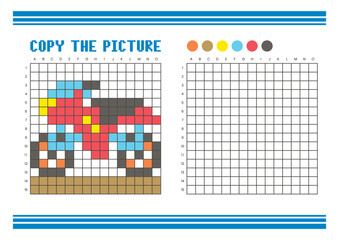 Copy the picture grid drawing worksheet for kids. Pixel art motorcycle
