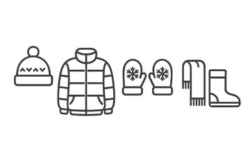 Winter clothing essentials set in minimalist linear style. Vector cartoon illustration of warm hat with pompom, padded jacket, snowflake mittens, scarf, and winter boots. Transparent background.