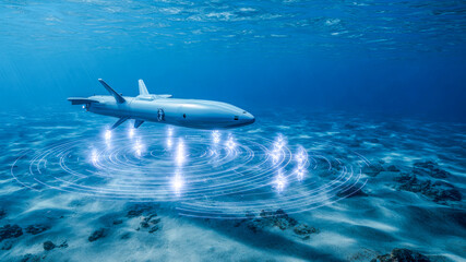Fototapeta premium Underwater drone glides gracefully through clear ocean waters creating waves of light in a serene marine environment