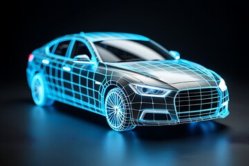 Modern car futuristic design with wireframe rendering technology