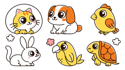 Cute Cartoon Pets Sticker Pack | Cat, Dog, Hamster, Rabbit, Parrot, Goldfish, Guinea Pig, Turtle | Kawaii Style Animal Icon Set for Kids, Stationery, Digital Stickers
