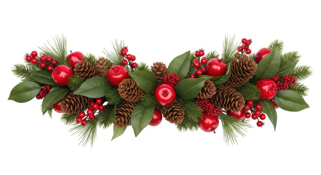 Isolated Christmas decorative garland arrangement with pine cones, apples, red berries