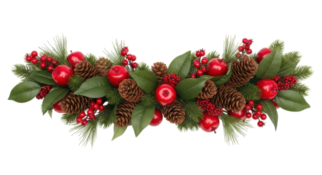 Isolated Christmas decorative garland arrangement with pine cones, apples, red berries
