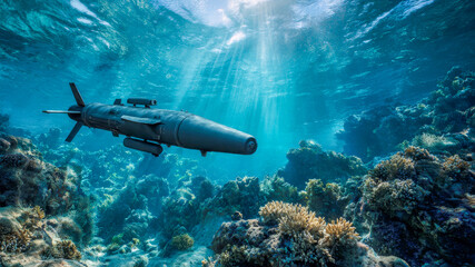 Underwater exploration reveals a mysterious submarine navigating through vibrant coral reefs