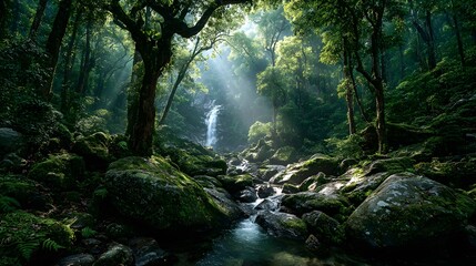 Obraz premium Photorealistic shot of a secluded waterfall cascading over mossy rocks in the heart of a dense, vibrant green rainforest with sunbeams cutting through.