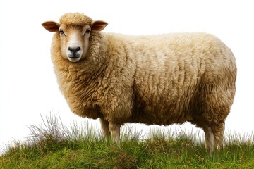 Fototapeta premium Cream colored sheep on a green grassy field wool fluffy