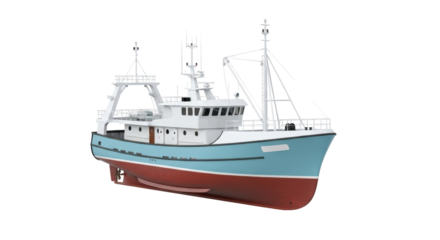 Isolated blue fishing boat with red hull against no background viewed from low angle