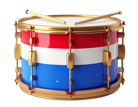 3D cartoon drum red white and blue stripes with gold rims isolated on transparent background PNG