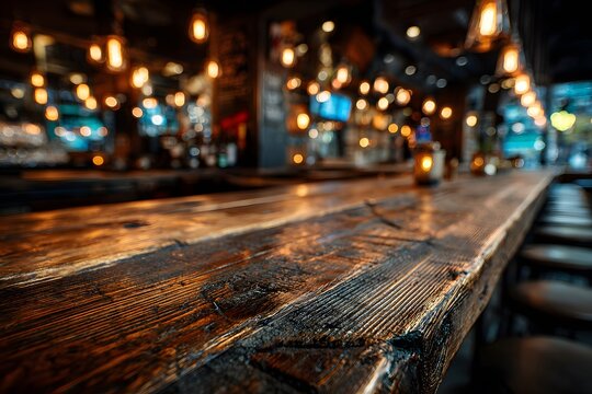 Polished dark wood bar countertop in sharp focus. The background is a cozy, atmospheric speakeasy with warm, blurred Edison bulb bokeh lights.