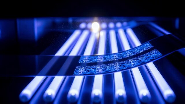 Abstract image of illuminated UV light arrays in rolltoroll photolithography exposure chamber for flexible electronics patterning.