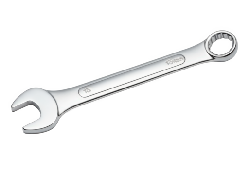 A shiny metal wrench lying on a clean surface, showcasing its design for mechanical tasks