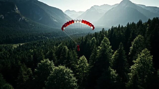 Breathtaking paragliding adventure over a dense pine forest with towering mountains in the distance showcasing extreme sports and natures majestic beauty