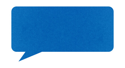 Blank blue kraft paper rectangular speech bubble with rounded corners, cardboard talk box isolated on transparent background, empty text cloud design element