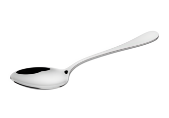 A shiny stainless steel spoon resting on a white background, ideal for kitchenware or dining themes