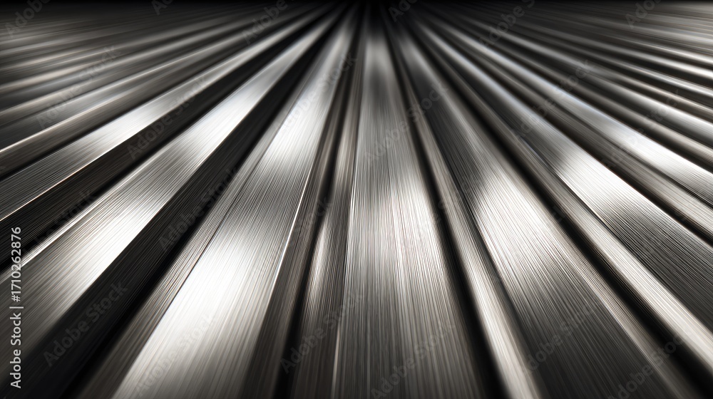 Poster close-up view of metallic textures with parallel lines and reflective surface in monochrome shades