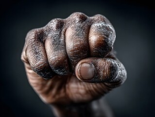 Powerful, high-contrast studio photograph of a clenched fist, symbolizing strength and determination. Dramatic side-lighting highlights skin texture.