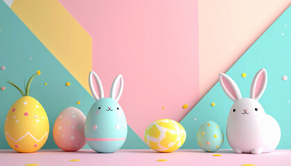 幾何学模様の背景に並ぶイースターバニーと卵のポップアート