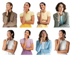 PNG Diverse women expressing thoughtful poses, element set on transparent background