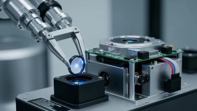 Closeup of a remotecontrol robotic arm placing delicate optical mirrors into a laser transmitter assembly for interplanetary communication systems.