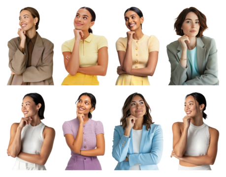 PNG Diverse women expressing thoughtful poses, element set on transparent background