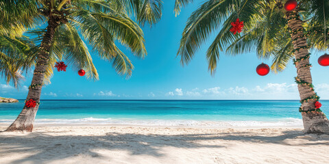 Palm trees adorned with colorful christmas ornaments and twinkling fairy lights highlighting white sandy beach, turquoise ocean waters creating tropical holiday atmosphere