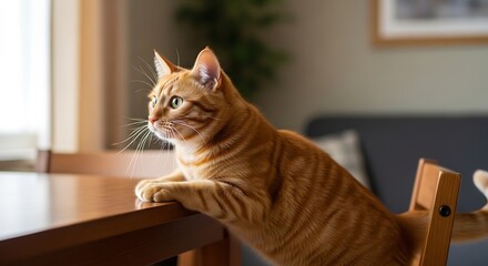 Orange Tabby Cat on a Wooden Table.