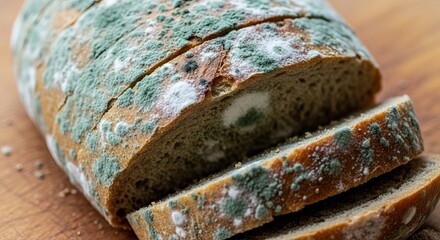 Close-up of a loaf of moldy bread on a wooden cutting board.