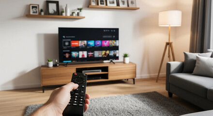 Hand holding a remote control pointed at a smart TV with a streaming menu in a modern living room. A perfect representation of home entertainment, streaming services, and a cozy evening.