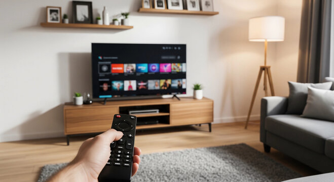 Hand holding a remote control pointed at a smart TV with a streaming menu in a modern living room. A perfect representation of home entertainment, streaming services, and a cozy evening.