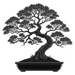 Detailed black and white illustration of a mature bonsai tree in a pot