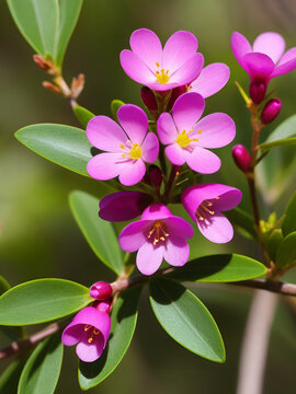 Beautiful pink flowers of  rare West Australian  wildflower Boronia ovata species blooming in early spring  in King's Park, Perth ,Western Australia where it is a protected species.
