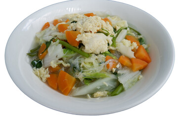 Vegetarian sukiyaki with fresh vegetables is appetizing. Feel warm embrace of this healthy Asian soup