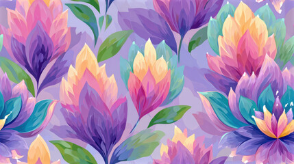 Seamless Abstract flower, Vibrant floral pattern featuring colorful blossoms and leaves on a soft, pastel background, creating a lively and artistic design.