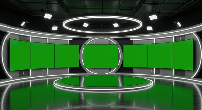 Modern TV Studio Set with Green Screens and Circular Stage Virtu