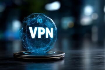 Vpn security concept with digital network and lock icon on spherical interface