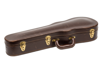 A vintage brown guitar case with brass latches, resting on a wooden surface, showcasing its classic design