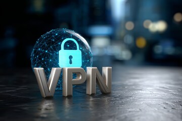 Vpn concept with digital lock and network sphere on urban background