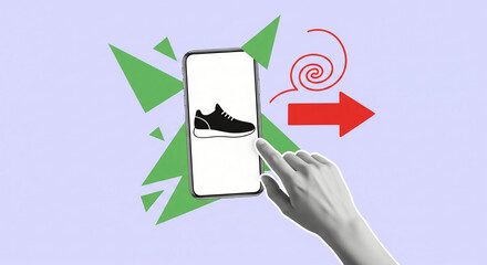 Conceptual illustration of e-commerce with a hand selecting a sneaker on a smartphone screen, symbolizing modern online shopping and digital retail