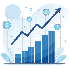 Blue bar chart and upward arrow illustrating financial growth and success