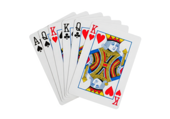A winning hand of playing cards featuring an Ace, King, and Queen in a game setting with blurred background