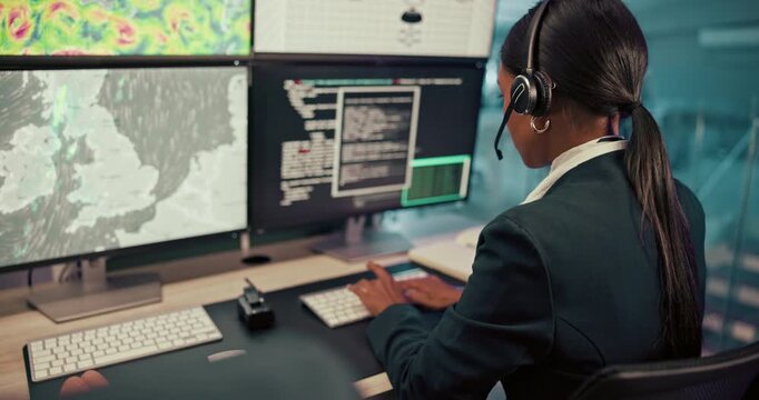 Office, computer screen or typing with woman in weather control room for climate forecasting. Display, geology or tech with back of person in airport traffic tower for flight patterns or meteorology