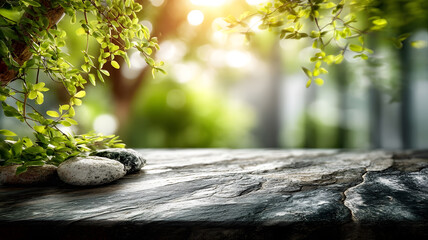 Obraz premium Tranquil Nature Scene with Stones and Sunlight Through Leaves