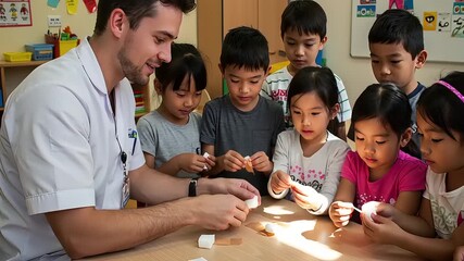 Pediatrician engaging children in hands-on learning activity with medical supplies in classroom setting