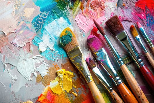A close-up shot of paintbrushes resting on a vibrant artist's palette, showcasing colorful, textured oil paint - Powered by Adobe
