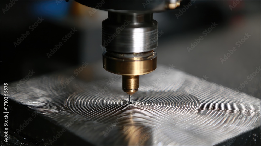 Poster precision metal engraving process with cnc machine creating intricate patterns on metallic surface