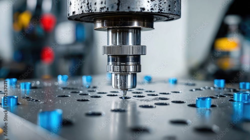 Poster precision cnc machine tool at work creating detailed holes on a metal surface in a modern manufactur