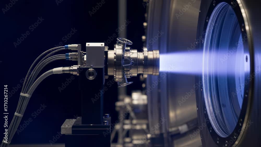 Poster side view of a spacegrade ion thruster glowing softly as it fires inside a vacuum chamber for satell